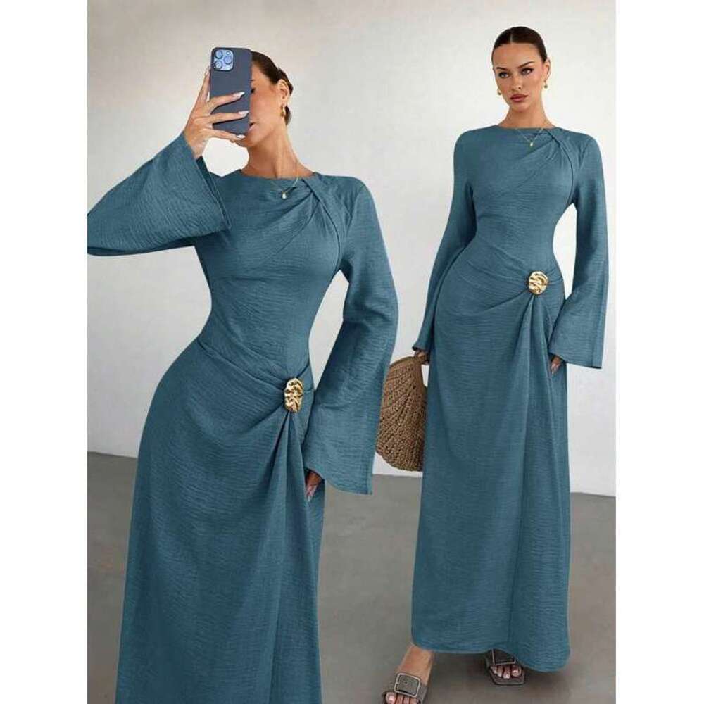 Siren Gaze Dusty Blue Twist Front Metal Buckle Flare Long Sleeve - Picture 3 of 6